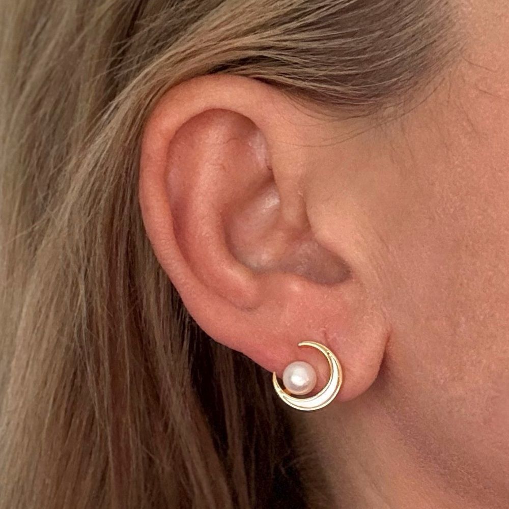 Crescent Moon & Freshwater Pearl Earrings, Lunar Studs, 18k Gold Vermeil Jewelry